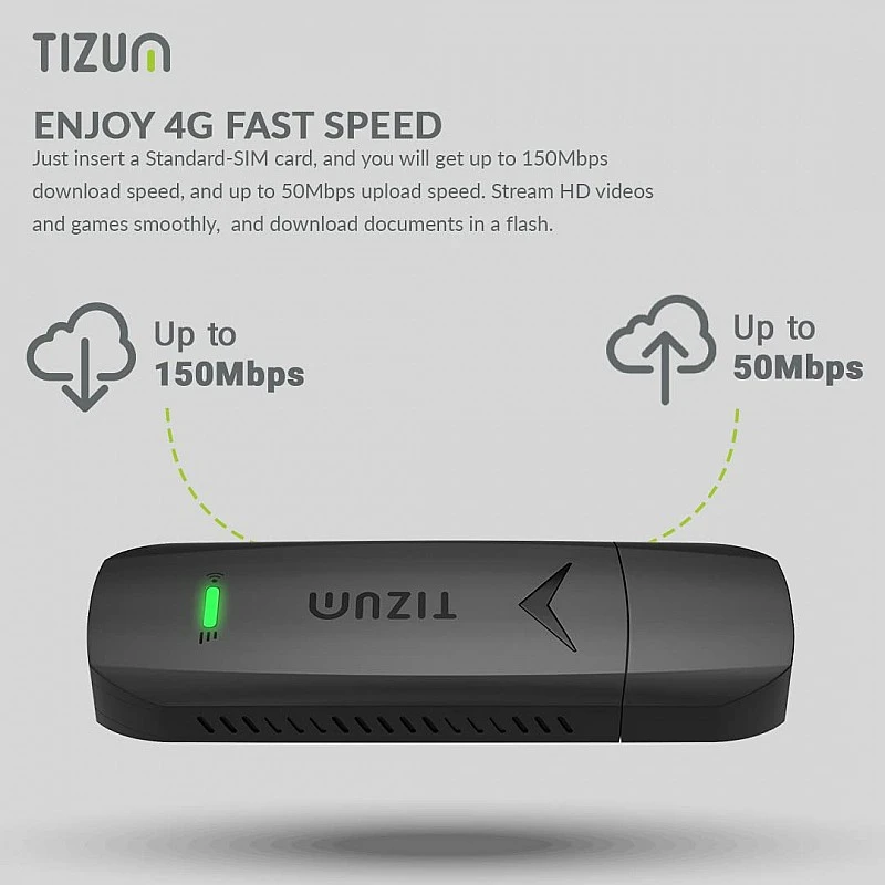 Tizum 4G Fast LTE Wireless USB Single Band Dongle Stick with All SIM Network Support Black Tizum 4G Fast LTE Wireless USB Single Band Dongle Stick with All SIM Network Support Black