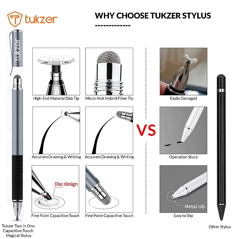 Tukzer 2-in-1 Capacitive Stylus Pen V2.0, Light Aluminum Body, Rubber Grip, for Touch Screen Devices, Smartphones, Tablets (Grey) Tukzer 2-in-1 Capacitive Stylus Pen V2.0, Light Aluminum Body, Rubber Grip, for Touch Screen Devices, Smartphones, Tablets (Grey)