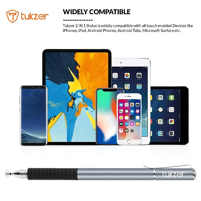 Tukzer 2-in-1 Capacitive Stylus Pen V2.0, Light Aluminum Body, Rubber Grip, for Touch Screen Devices, Smartphones, Tablets (Grey) Tukzer 2-in-1 Capacitive Stylus Pen V2.0, Light Aluminum Body, Rubber Grip, for Touch Screen Devices, Smartphones, Tablets (Grey)