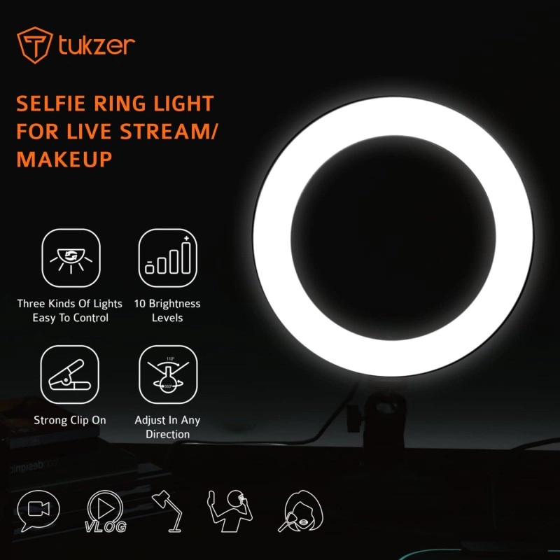 Tukzer 8-Inch LED USB Selfie Ring Light with Clamp Mount 3 Light Modes 10 Level Brightness Tukzer 8-Inch LED USB Selfie Ring Light with Clamp Mount 3 Light Modes 10 Level Brightness