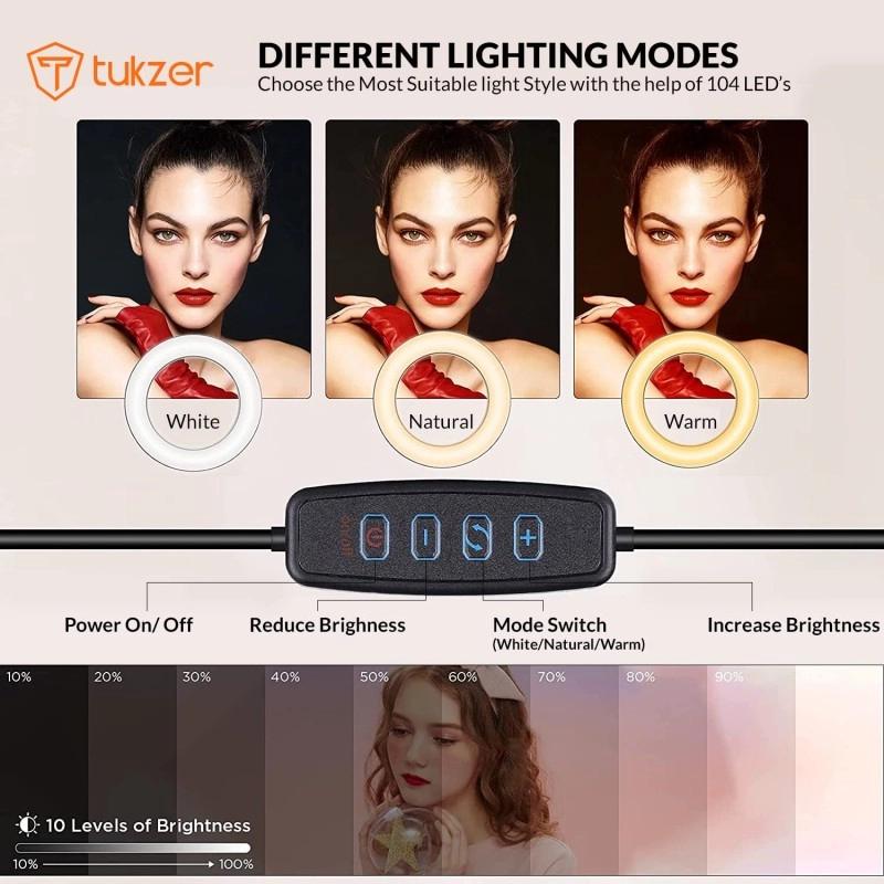 Tukzer 8-Inch LED USB Selfie Ring Light with Clamp Mount 3 Light Modes 10 Level Brightness Tukzer 8-Inch LED USB Selfie Ring Light with Clamp Mount 3 Light Modes 10 Level Brightness