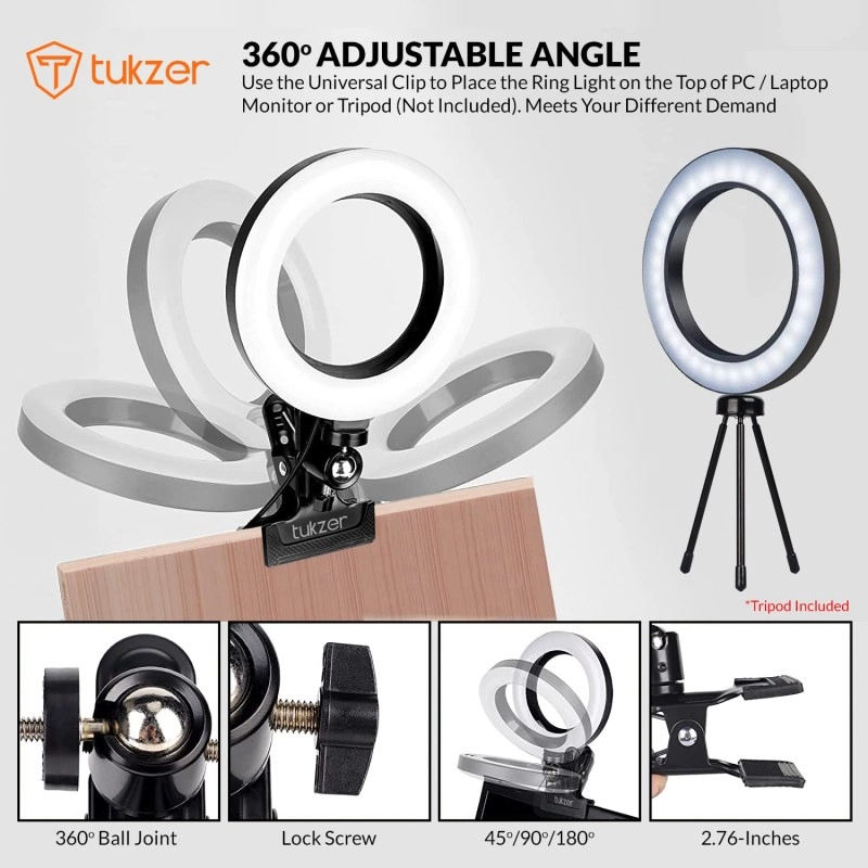 Tukzer 8-Inch LED USB Selfie Ring Light with Clamp Mount 3 Light Modes 10 Level Brightness Tukzer 8-Inch LED USB Selfie Ring Light with Clamp Mount 3 Light Modes 10 Level Brightness