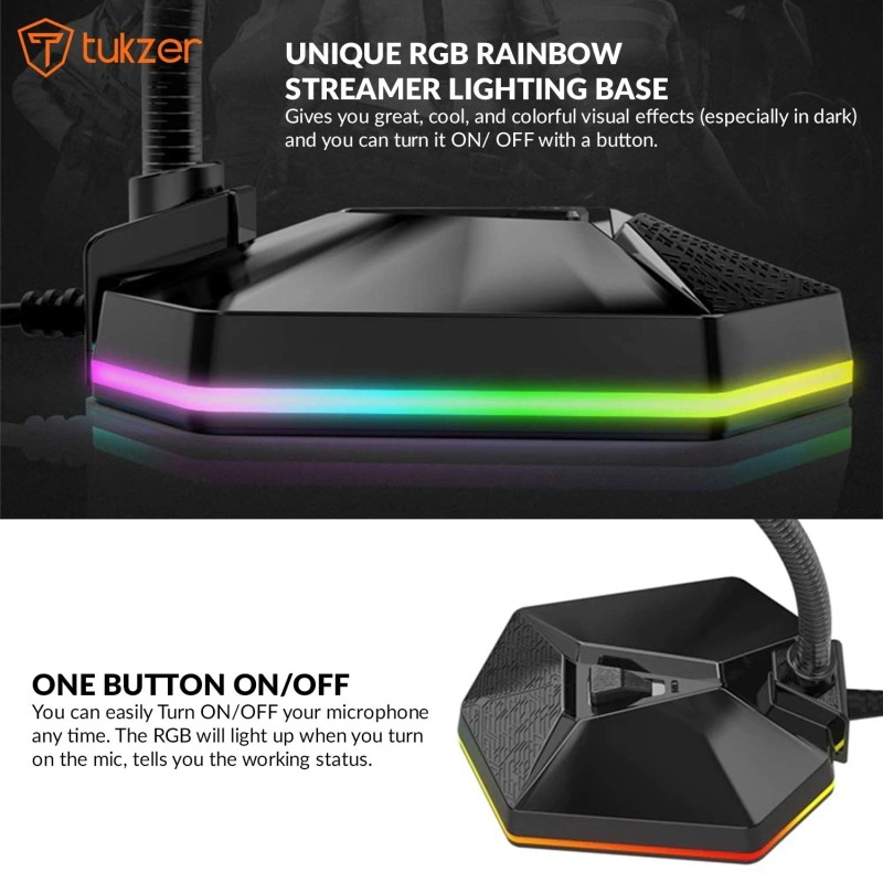Tukzer USB Computer Microphone, RGB Mic, Omnidirectional Condenser Noise-Cancelling with On-Off Button, Plug & Play Desktop Laptop Mic (Black) 