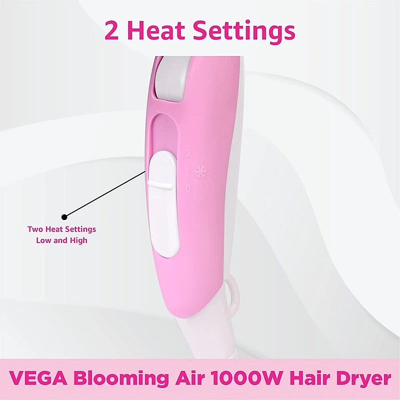 VEGA Blooming Air Foldable 1000 Watts Hair Dryer With Heat and Cool Setting And Detachable Nozzle pink VEGA Blooming Air Foldable 1000 Watts Hair Dryer With Heat and Cool Setting And Detachable Nozzle pink