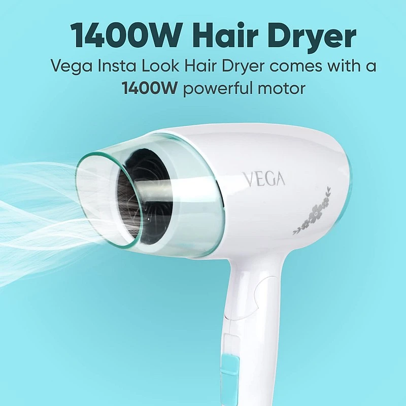 VEGA Insta Look 1400 Watts Foldable Hair Dryer with Cool Shot Button & 3 Heat/Speed Settings (VHDH-23)White + Blue VEGA Insta Look 1400 Watts Foldable Hair Dryer with Cool Shot Button & 3 Heat/Speed Settings (VHDH-23)White + Blue