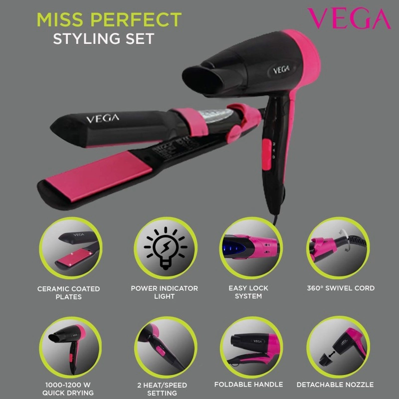 VEGA Miss Perfect Styling Set - Hair Dryer And Straightener Combo (VHSS-01), Black VEGA Miss Perfect Styling Set - Hair Dryer And Straightener Combo (VHSS-01), Black
