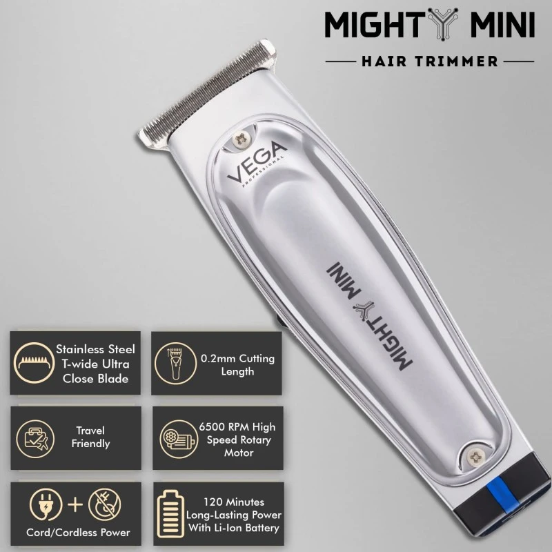 VEGA PROFESSIONAL Men Mighty Mini Hair Trimmer With Stainless Steel T-Wide Ultra Close Blade, 6500 Rpm Motor, 120 Mins Runtime, 90 Min Charging Time, Cord & Cordless Use For Salon, (Vpvht-07) VEGA PROFESSIONAL Men Mighty Mini Hair Trimmer With Stainless Steel T-Wide Ultra Close Blade, 6500 Rpm Motor, 120 Mins Runtime, 90 Min Charging Time, Cord & Cordless Use For Salon, (Vpvht-07)