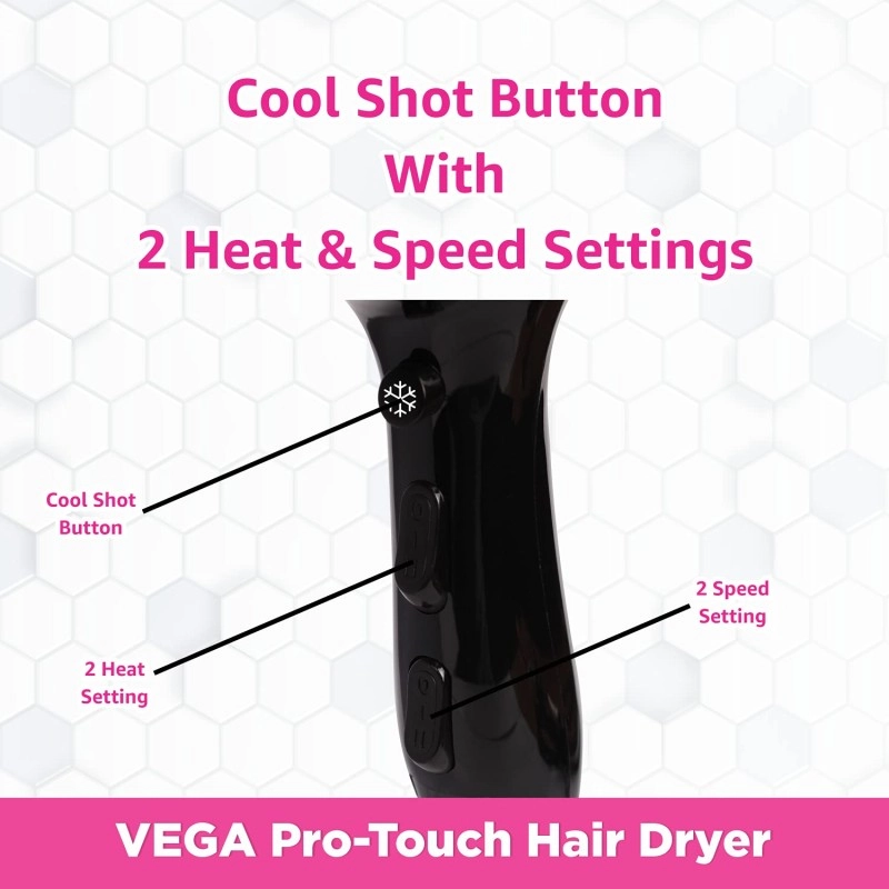 VEGA Pro Touch 1800-2000 Watts Professional Hair Dryer with 2 Detachable Nozzles (VHDP-02)- Black VEGA Pro Touch 1800-2000 Watts Professional Hair Dryer with 2 Detachable Nozzles (VHDP-02)- Black
