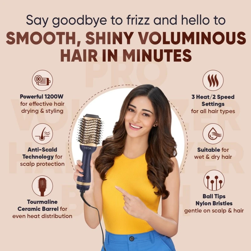 VEGA Pro Volumizer Hair Dryer,Tangle-Free Bristles,3 Heat/2 Speed Settings For Hair Style,Ceramic Tourmaline Coating Brush Head,One Step Styler,Hot Air Blow Dryer Brush For Women (Vhsd-02),1200 Watt VEGA Pro Volumizer Hair Dryer,Tangle-Free Bristles,3 Heat/2 Speed Settings For Hair Style,Ceramic Tourmaline Coating Brush Head,One Step Styler,Hot Air Blow Dryer Brush For Women (Vhsd-02),1200 Watt