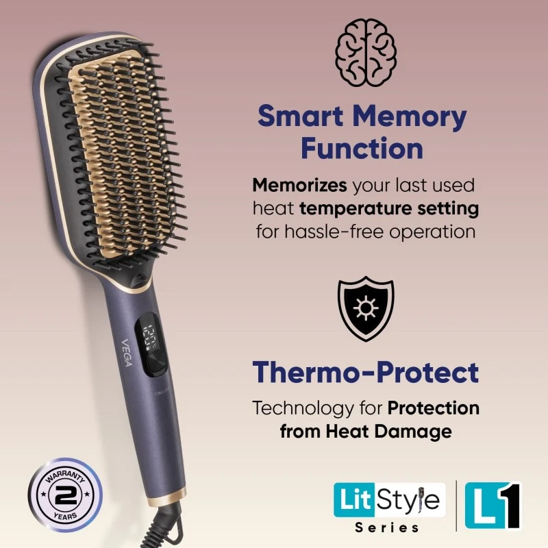 Vega LitStyle L1 Hair Straightener Brush for Women with DuoCare Technology, Ceramic Coated Bristles, Smart Memory Function, 5 Temperature Settings, Quick Heat-up, (VHSB-06), Blue Vega LitStyle L1 Hair Straightener Brush for Women with DuoCare Technology, Ceramic Coated Bristles, Smart Memory Function, 5 Temperature Settings, Quick Heat-up, (VHSB-06), Blue
