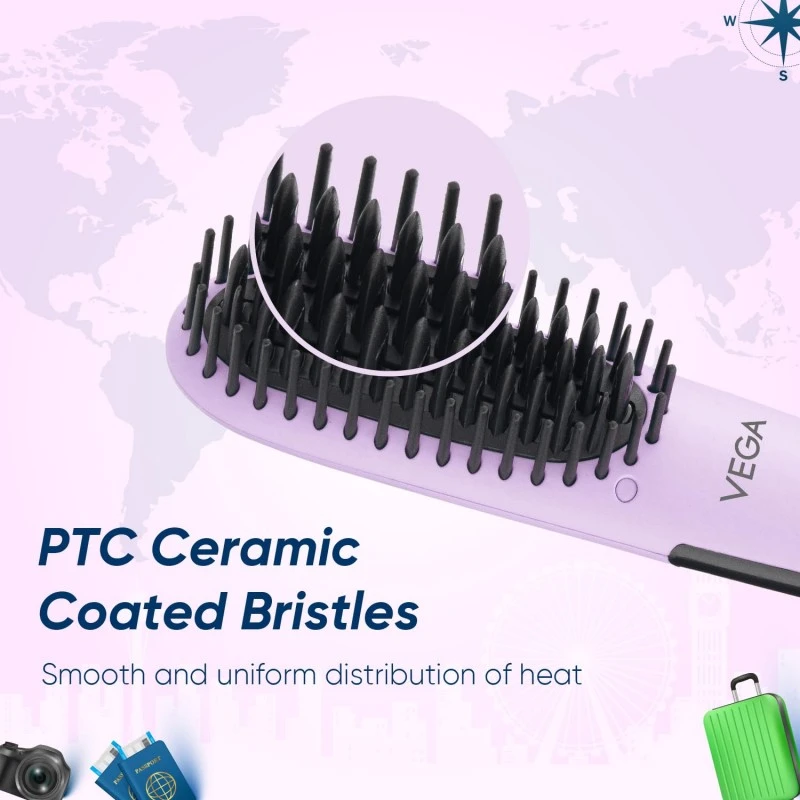 Vega Mini Hair Straightener Brush for Women with Thermoprotect Technology, Ceramic Coated Bristles & 2 Heat Settings, Automatic Cut-Off, 2 Temperature Settings, (Go Mini Series, VHSB-05), Purple Vega Mini Hair Straightener Brush for Women with Thermoprotect Technology, Ceramic Coated Bristles & 2 Heat Settings, Automatic Cut-Off, 2 Temperature Settings, (Go Mini Series, VHSB-05), Purple