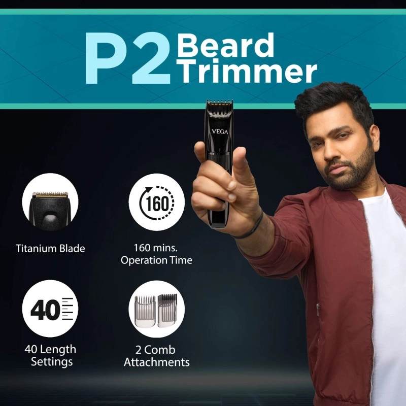 Vega P2 Beard Trimmer for Men with 160 Mins Runtime, Titanium Blades & 40 Length Settings, (VHTH-26) Vega P2 Beard Trimmer for Men with 160 Mins Runtime, Titanium Blades & 40 Length Settings, (VHTH-26)