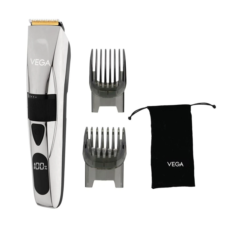 Vega P3 Battery Powered Trimmer Men with 160 Mins Runtime, Titanium Blades, 2 Comb Attachment, Digital Display & 40 Length Settings, Silver, (Power Series P3 VHTH-27) Vega P3 Battery Powered Trimmer Men with 160 Mins Runtime, Titanium Blades, 2 Comb Attachment, Digital Display & 40 Length Settings, Silver, (Power Series P3 VHTH-27)