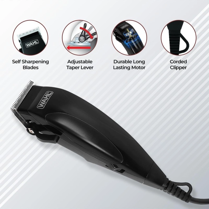 WAHL Home Cut Black Edition Hair Clipper Complete Hair Cutting Clipper with Thumb Adjustable Taper & Travel Pouch, Powerful Electromagnetic Motor with 14,400 strokes per min, Self-Sharpening Carbon Steel Blades, 10 Cutting WAHL Home Cut Black Edition Hair Clipper Complete Hair Cutting Clipper with Thumb Adjustable Taper & Travel Pouch, Powerful Electromagnetic Motor with 14,400 strokes per min, Self-Sharpening Carbon Steel Blades, 10 Cutting