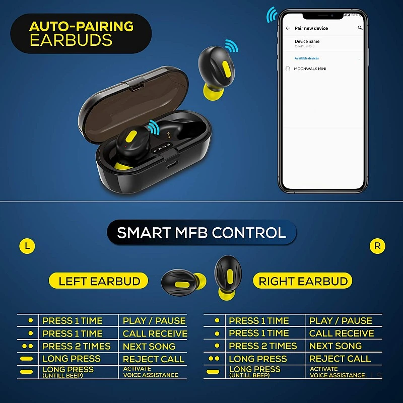 WeCool Moonwalk Mini Earbuds with Magnetic Charging Case with Digital Battery Indicator for Crisp Yellow WeCool Moonwalk Mini Earbuds with Magnetic Charging Case with Digital Battery Indicator for Crisp Yellow