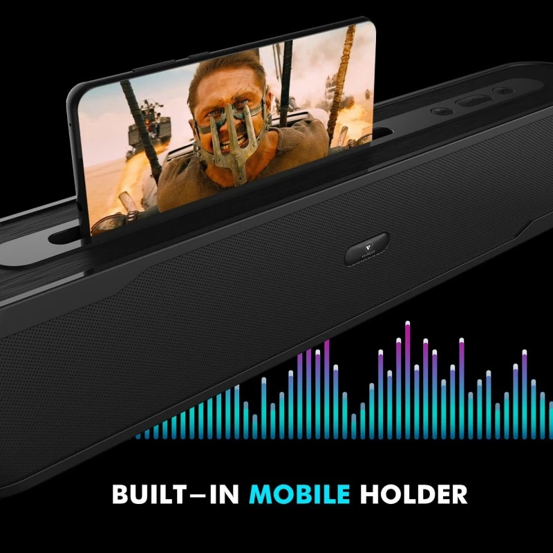 Wings Centerstage 110, 20W Soundbar, with Built-in Mobile Holder, 5.0 Bluetooth, Aux Input and 6 Hours Playtime Wings Centerstage 110, 20W Soundbar, with Built-in Mobile Holder, 5.0 Bluetooth, Aux Input and 6 Hours Playtime