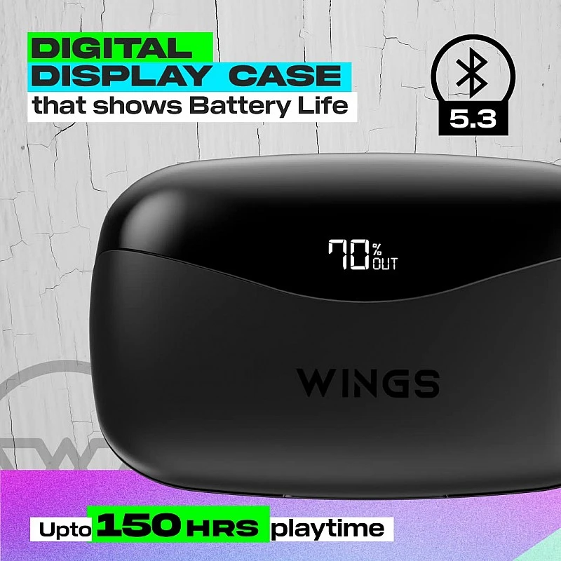 Wings Powerpods Wireless in Ear Earbuds with Powerbank Function, 150 Hours Playtime, Massive 2500mAh Digital Display Battery, Low Latency for Gaming (Black) Wings Powerpods Wireless in Ear Earbuds with Powerbank Function, 150 Hours Playtime, Massive 2500mAh Digital Display Battery, Low Latency for Gaming (Black)
