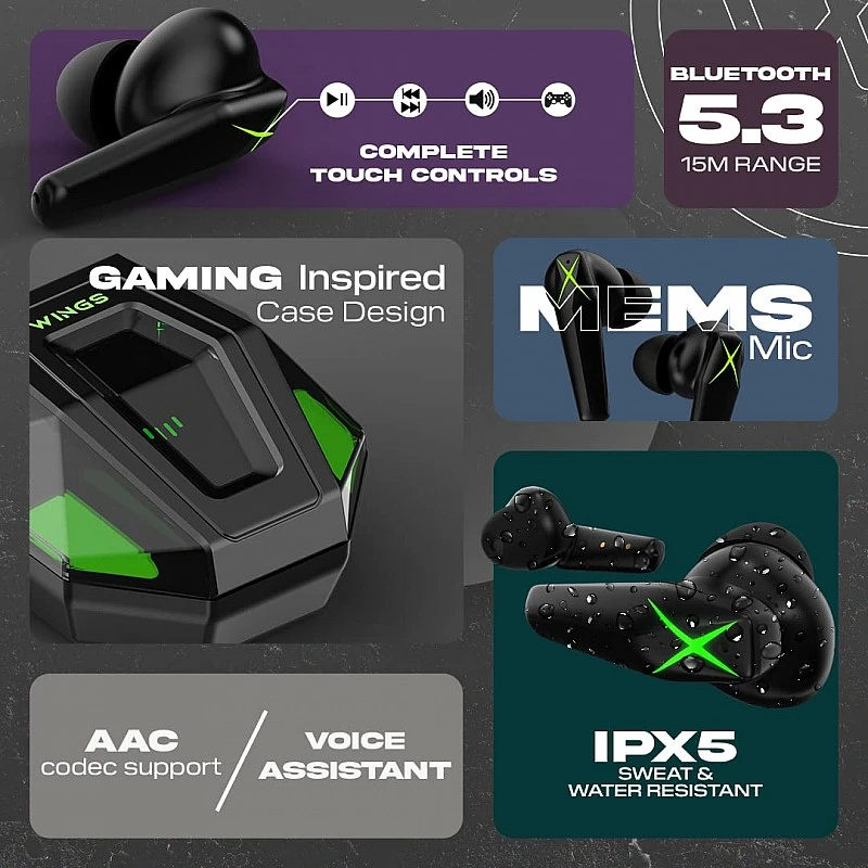 Wings X Fire Wireless Gaming in Ear Earbuds,TWS Headphones with RGB Lights case, 40ms Low Latency, Bluetooth 5.3, 40 Hours Playtime, ENC, 8mm Speaker Size (Black TWS) Wings X Fire Wireless Gaming in Ear Earbuds,TWS Headphones with RGB Lights case, 40ms Low Latency, Bluetooth 5.3, 40 Hours Playtime, ENC, 8mm Speaker Size (Black TWS)