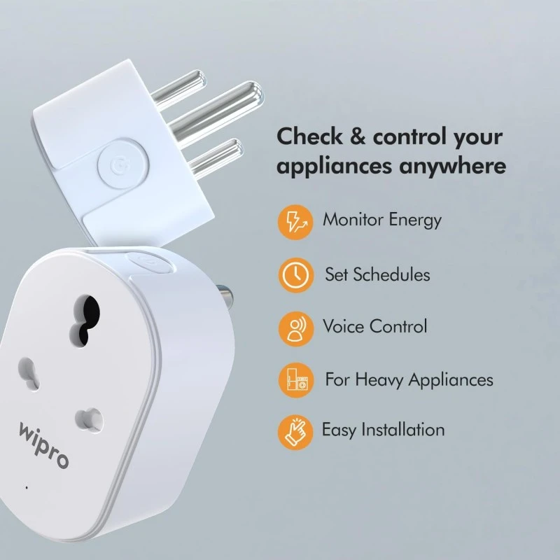 Wipro 16A Wi-Fi Smart Plug with Energy Monitoring- Suitable for Large Appliances like Geysers, Microwave Ovens, Air Conditioners (Works with Alexa and Google Assistant)- White Wipro 16A Wi-Fi Smart Plug with Energy Monitoring- Suitable for Large Appliances like Geysers, Microwave Ovens, Air Conditioners (Works with Alexa and Google Assistant)- White