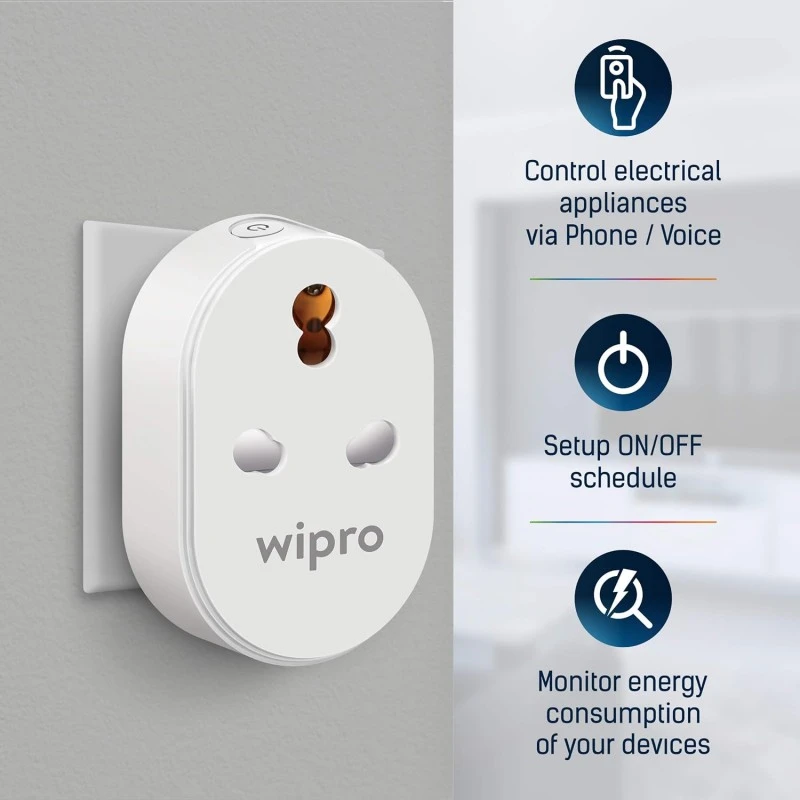 Wipro 16A Wi-Fi Smart Plug with Energy Monitoring- Suitable for Large Appliances like Geysers, Microwave Ovens, Air Conditioners (Works with Alexa and Google Assistant)- White Wipro 16A Wi-Fi Smart Plug with Energy Monitoring- Suitable for Large Appliances like Geysers, Microwave Ovens, Air Conditioners (Works with Alexa and Google Assistant)- White