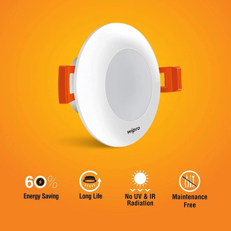 Wipro Garnet 3W Led Mini Downlight|Warm White (2700K)|Compact Design with 120° Beam Angle|Recessed Down Light for False Ceiling|Cutout-2.3 Inch|Pack of 2 Wipro Garnet 3W Led Mini Downlight|Warm White (2700K)|Compact Design with 120° Beam Angle|Recessed Down Light for False Ceiling|Cutout-2.3 Inch|Pack of 2
