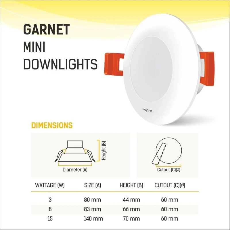 Wipro Garnet 3W Led Mini Downlight|Warm White (2700K)|Compact Design with 120° Beam Angle|Recessed Down Light for False Ceiling|Cutout-2.3 Inch|Pack of 2 Wipro Garnet 3W Led Mini Downlight|Warm White (2700K)|Compact Design with 120° Beam Angle|Recessed Down Light for False Ceiling|Cutout-2.3 Inch|Pack of 2