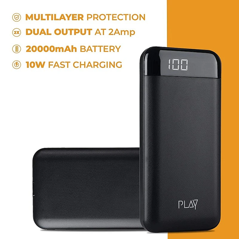 World Of PLAY 20000mAh Power Bank PBA20 Black with Li-Polymer Batteries and Fast Charging Smart Watches Neckbands Other Devices World Of PLAY 20000mAh Power Bank PBA20 Black with Li-Polymer Batteries and Fast Charging Smart Watches Neckbands Other Devices