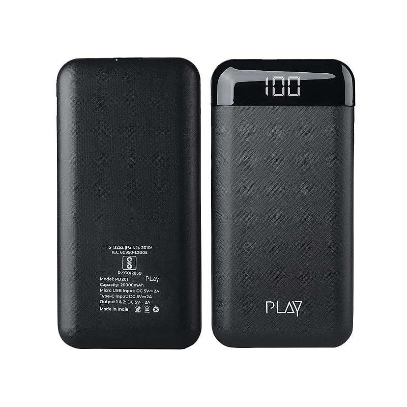World Of PLAY 20000mAh Power Bank PBA20 Black with Li-Polymer Batteries and Fast Charging Smart Watches Neckbands Other Devices World Of PLAY 20000mAh Power Bank PBA20 Black with Li-Polymer Batteries and Fast Charging Smart Watches Neckbands Other Devices