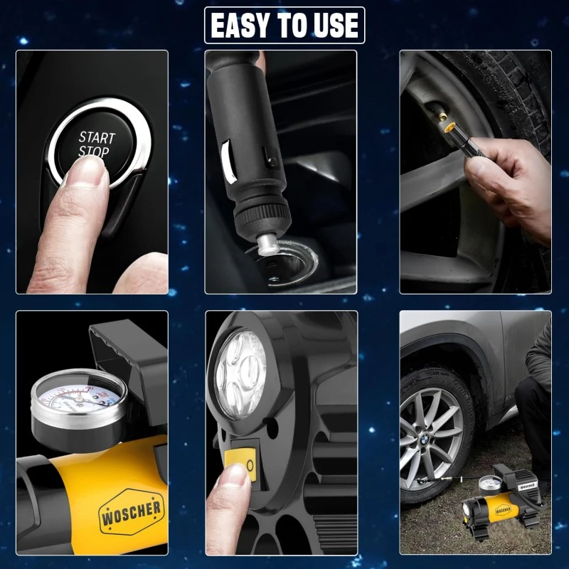 Woschaerr Digital Tyre Inflator for Car - 300 psi, 12V DC Portable Air Pump/Compressor with Digital Tyre Pressure Gauge, for Car, Bikes, Bicycles or Any Inflatable with LED/SOS Light| 2 Years Warranty Woschaerr Digital Tyre Inflator for Car - 300 psi, 12V DC Portable Air Pump/Compressor with Digital Tyre Pressure Gauge, for Car, Bikes, Bicycles or Any Inflatable with LED/SOS Light| 2 Years Warranty