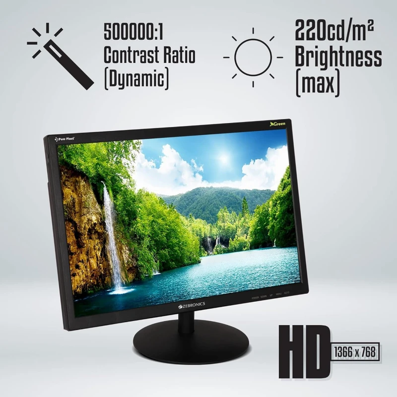 ZEBRONICS A22FHD LED (21.5") (54.61 cm) LED 1920x1080 Pixels FHD Resolution Monitor with HDMI + VGA Dual Input, Built-in Speaker, Wall Mount Facility, max 220 Nits Brightness, Black ZEBRONICS A22FHD LED (21.5") (54.61 cm) LED 1920x1080 Pixels FHD Resolution Monitor with HDMI + VGA Dual Input, Built-in Speaker, Wall Mount Facility, max 220 Nits Brightness, Black
