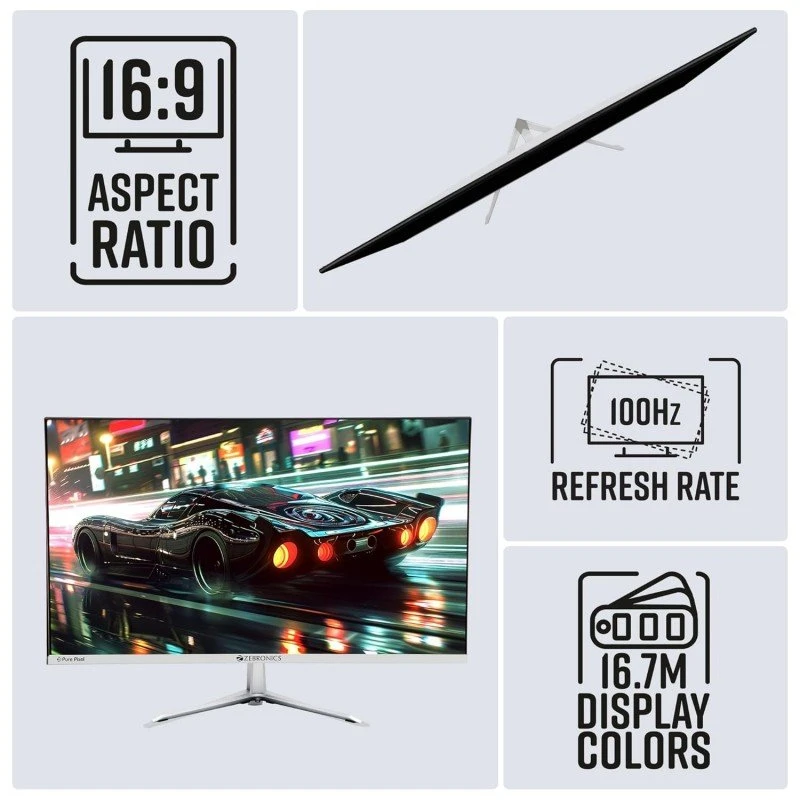 ZEBRONICS A24FHD LED Monitor, 24 inch (60.96cm), 250 nits, 100Hz, Slim Design, FHD, 1080p, Wall Mountable, HDMI, VGA, Ultra Slim Bezel, Metal stand, Built-in Speakers- ZEBRONICS A24FHD LED Monitor, 24 inch (60.96cm), 250 nits, 100Hz, Slim Design, FHD, 1080p, Wall Mountable, HDMI, VGA, Ultra Slim Bezel, Metal stand, Built-in Speakers-