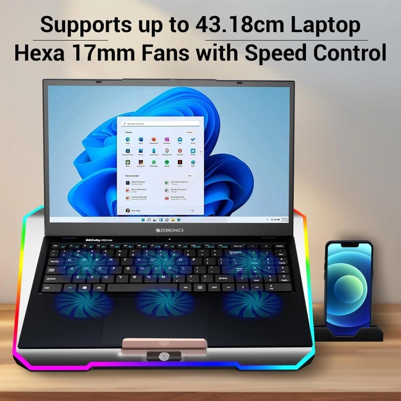 ZEBRONICS NC6500D Laptop Cooling Pad with Support up to 17 inch (43.18 cm) Laptops, Hexa Fans, Speed Control, RGB LED, Detachable Mobile Holder, 5 Step Retractable Stand, Built in USB Ports (Silver) ZEBRONICS NC6500D Laptop Cooling Pad with Support up to 17 inch (43.18 cm) Laptops, Hexa Fans, Speed Control, RGB LED, Detachable Mobile Holder, 5 Step Retractable Stand, Built in USB Ports (Silver)