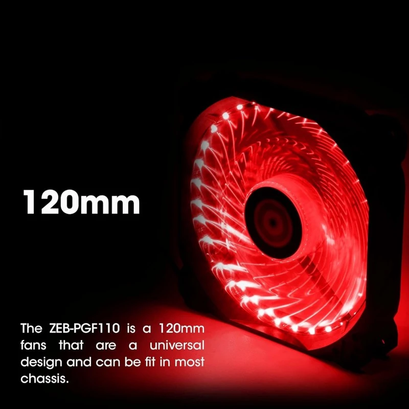 ZEBRONICS ZEB-PGF110 120mm Red Premium Chassis Fan, with High Speed 43.5CFM Airflow, Hydraumatic Bearing, 33 LEDs, Anti Vibration Pads, 4 Pin Molex and 3 Pin Connector. ZEBRONICS ZEB-PGF110 120mm Red Premium Chassis Fan, with High Speed 43.5CFM Airflow, Hydraumatic Bearing, 33 LEDs, Anti Vibration Pads, 4 Pin Molex and 3 Pin Connector.
