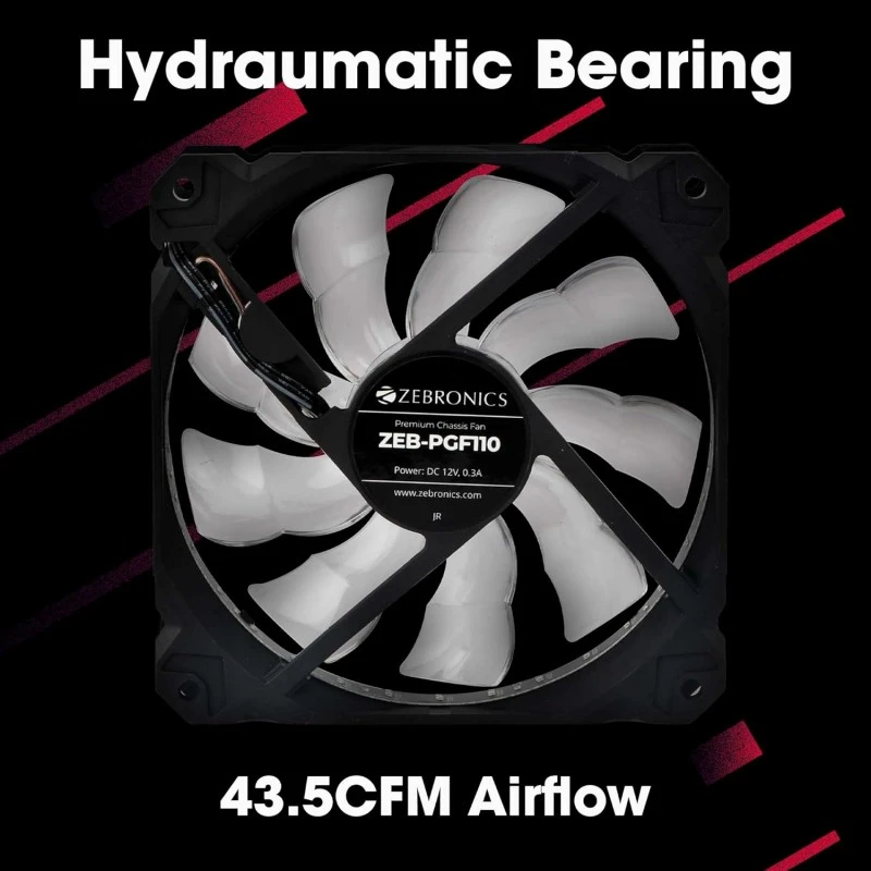 ZEBRONICS ZEB-PGF110 120mm Red Premium Chassis Fan, with High Speed 43.5CFM Airflow, Hydraumatic Bearing, 33 LEDs, Anti Vibration Pads, 4 Pin Molex and 3 Pin Connector. ZEBRONICS ZEB-PGF110 120mm Red Premium Chassis Fan, with High Speed 43.5CFM Airflow, Hydraumatic Bearing, 33 LEDs, Anti Vibration Pads, 4 Pin Molex and 3 Pin Connector.