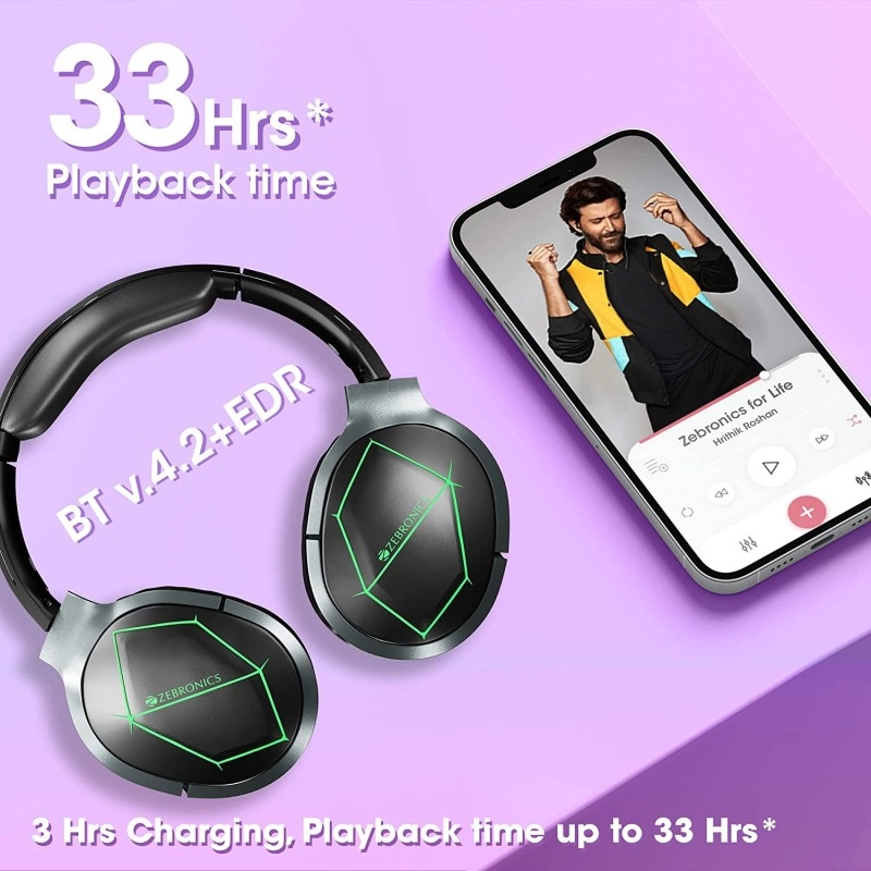 ZEBRONICS Zeb-Envy Bluetooth Wireless Over Ear Headphones with Mic with 33 hrs Playback time, Breathing RGB Lights and (Black) ZEBRONICS Zeb-Envy Bluetooth Wireless Over Ear Headphones with Mic with 33 hrs Playback time, Breathing RGB Lights and (Black)