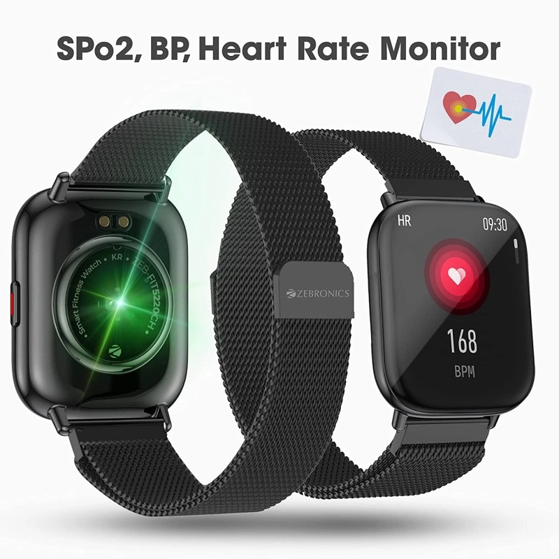 Zebronics Zeb-FIT5220CH Smart Fitness Watch, 2.5D Curved Glass 4.4cm Large Square Display Metal Body HR Monitor (Black)