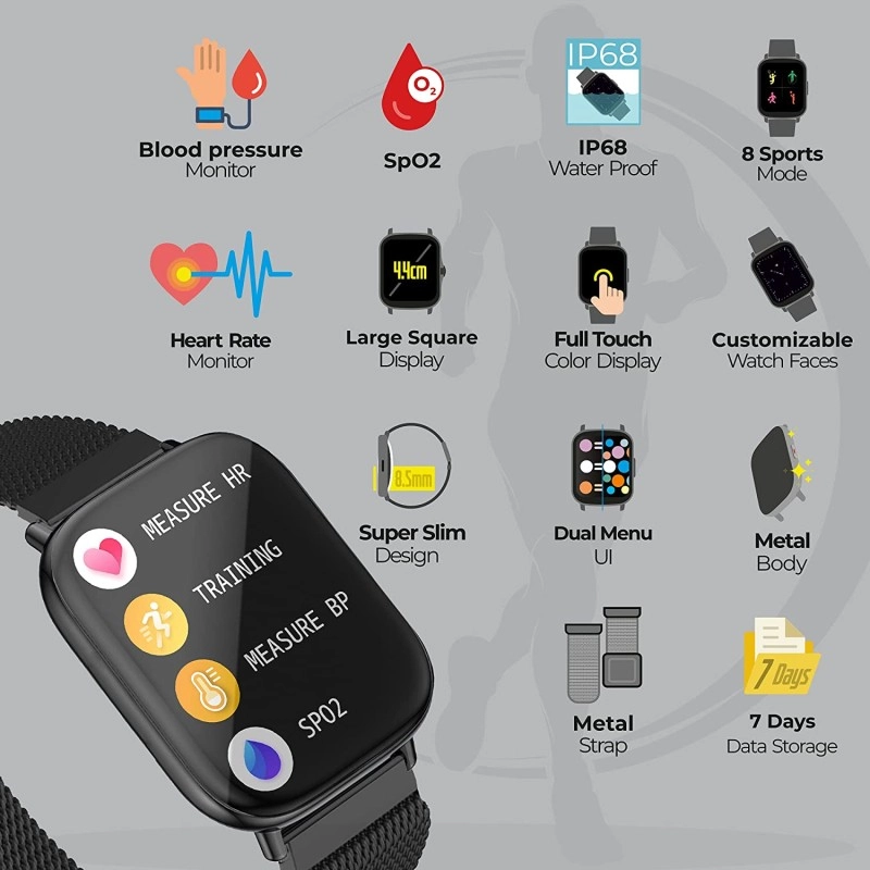 Zebronics Zeb-FIT5220CH Smart Fitness Watch, 2.5D Curved Glass 4.4cm Large Square Display Metal Body HR Monitor (Black)