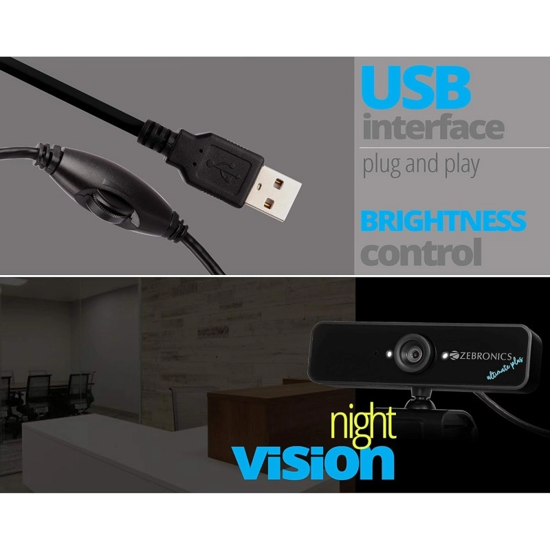Zebronics Zeb-Ultimate Pro (Full HD) 1080p/30fps Webcam with 5P Lens, Built-in Mic, Auto White Balance, Night Vision, Manual Switch for LED (Black) Zebronics Zeb-Ultimate Pro (Full HD) 1080p/30fps Webcam with 5P Lens, Built-in Mic, Auto White Balance, Night Vision, Manual Switch for LED (Black)