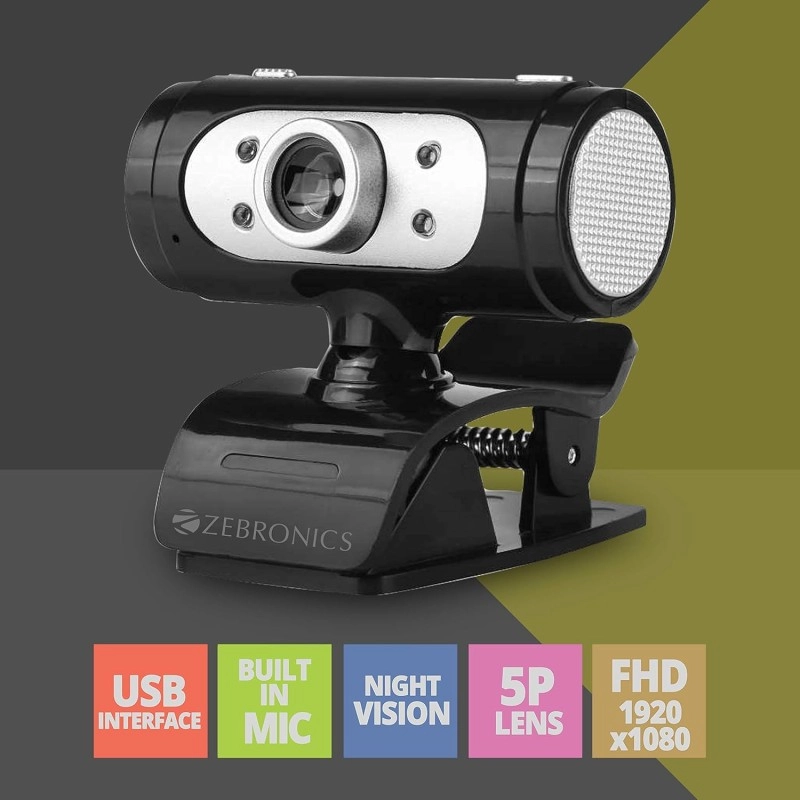 Zebronics Zeb-Ultimate Pro (Full HD) 1080p/30fps Webcam with 5P Lens, Built-in Mic, Auto White Balance, Night Vision, Manual Switch for LED (Black) Zebronics Zeb-Ultimate Pro (Full HD) 1080p/30fps Webcam with 5P Lens, Built-in Mic, Auto White Balance, Night Vision, Manual Switch for LED (Black)