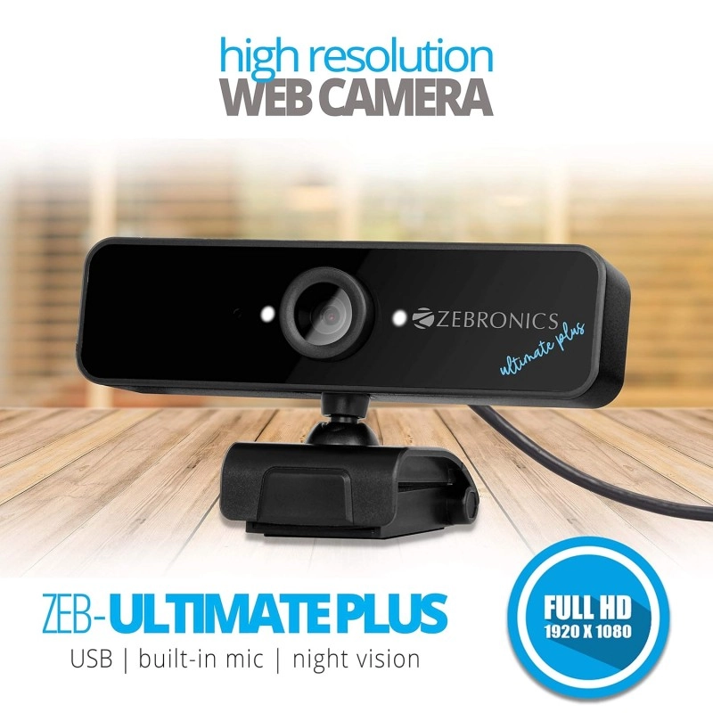 Zebronics Zeb-Ultimate Pro (Full HD) 1080p/30fps Webcam with 5P Lens, Built-in Mic, Auto White Balance, Night Vision, Manual Switch for LED (Black) Zebronics Zeb-Ultimate Pro (Full HD) 1080p/30fps Webcam with 5P Lens, Built-in Mic, Auto White Balance, Night Vision, Manual Switch for LED (Black)