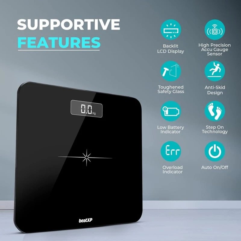 beatXP Actifit Flare Digital Weighing Scale With Backlit LCD Panel, Electronic Weight Machine For Body Weight With 5 Mm Thick Tempered Glass, Max Weight 180 Kg, (Black) 24 Month Warranty beatXP Actifit Flare Digital Weighing Scale With Backlit LCD Panel, Electronic Weight Machine For Body Weight With 5 Mm Thick Tempered Glass, Max Weight 180 Kg, (Black) 24 Month Warranty