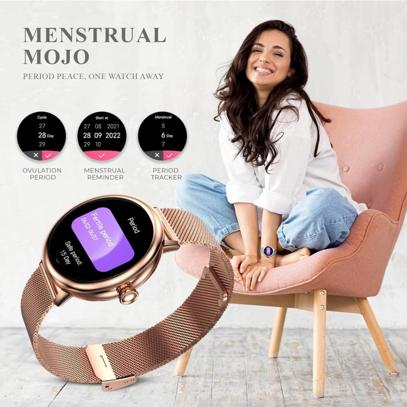 beatXP Eva 1.2" Super AMOLED Display, Bluetooth Calling Smart Watch for Women, Metal Body, 360 * 360px, Menstrual Tracker, 100+ Sports Modes, 24/7 Health Tracking, Rotary Crown, IP68 (Gold) (Unbox)