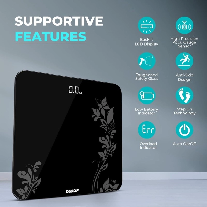 beatXP Gravity Flora Digital Weight Machine For Body Weight with Thick Tempered Glass, Best Bathroom Weighing Scale with LCD Display - 2 Year Warranty