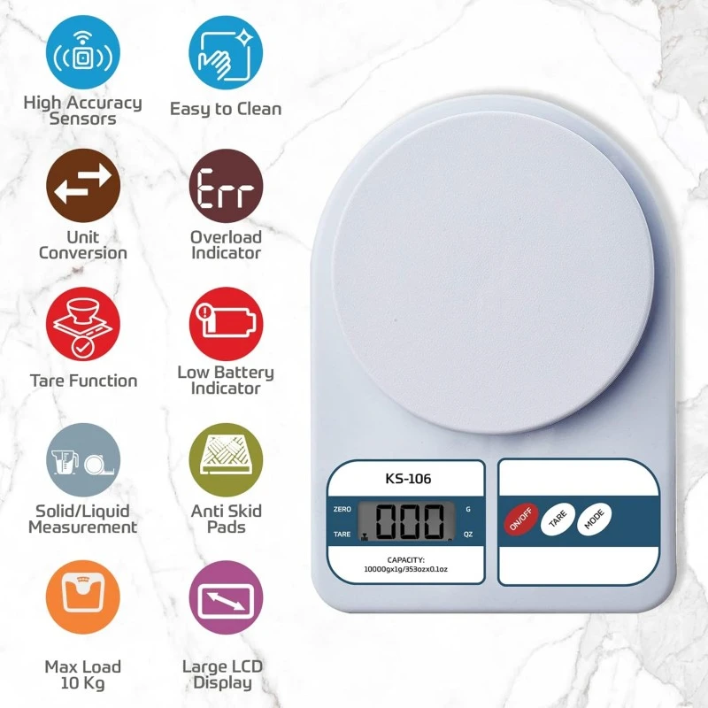 beatXP Kitchen Scale Multipurpose Portable Electronic Digital Weighing Scale | Weight Machine With Back Light LCD Display | White | 10 Kg | 2 Year Warranty beatXP Kitchen Scale Multipurpose Portable Electronic Digital Weighing Scale | Weight Machine With Back Light LCD Display | White | 10 Kg | 2 Year Warranty