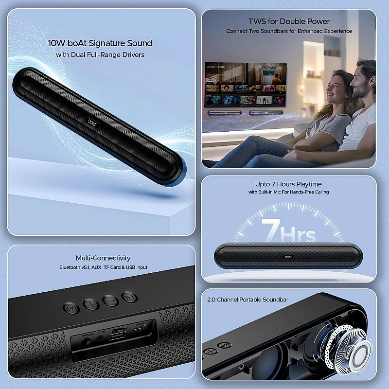 boAt Aavante Bar 490 10W Signature Sound, Dual Full-Range Drivers,7 HRS Battery, Built-in Mic,2.0 CH, TWS Feature,Multi Connect, Bluetooth Sound Bar, Soundbar Speaker (Classic Black) boAt Aavante Bar 490 10W Signature Sound, Dual Full-Range Drivers,7 HRS Battery, Built-in Mic,2.0 CH, TWS Feature,Multi Connect, Bluetooth Sound Bar, Soundbar Speaker (Classic Black)