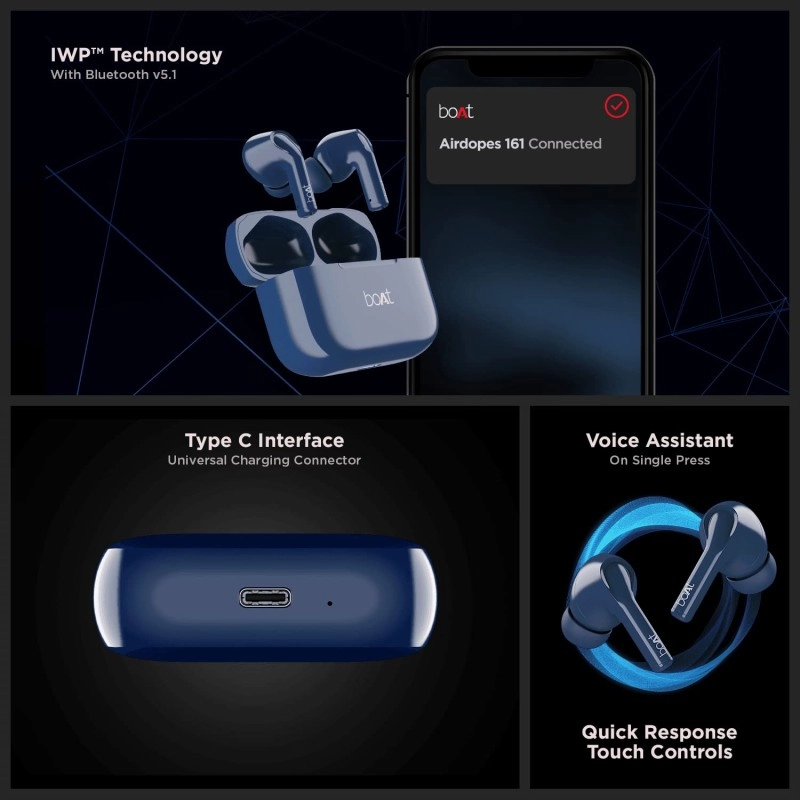 boAt Airdopes 161 TWS Earbuds with Charge 17H Playtime, Immersive Audio IPX5, Touch Controls Blue