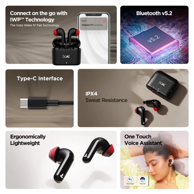 boAt Airdopes 175 True Wireless Earbuds with Quad Mics, 35H Playtime (Active Black) boAt Airdopes 175 True Wireless Earbuds with Quad Mics, 35H Playtime (Active Black)