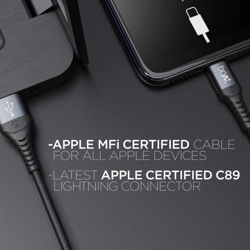 boAt LTG 500 Apple MFI Certified for iPhone, iPad and iPod 2Mtr Data Cable(Space Grey)