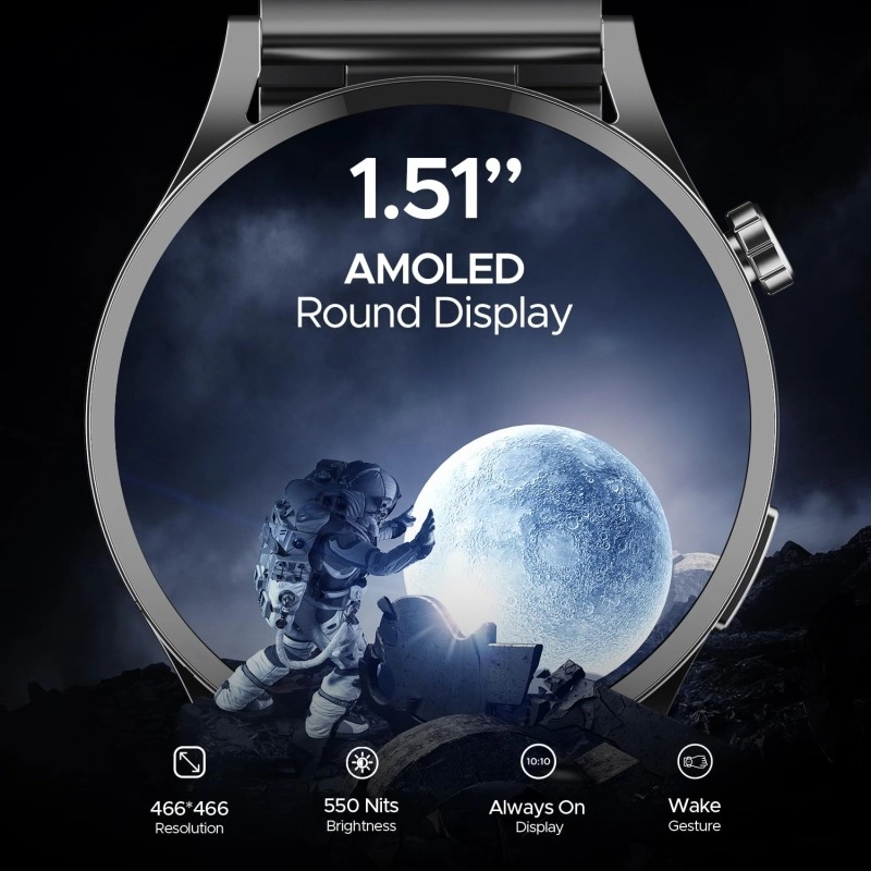 boAt Lunar Embrace w/Vibrant 1.51" (3.8 cm) AMOLED Display,Premium Metal Design, Functional Crown, 100+ Sports Mode, Animated Watch Faces, Built-in Games, Smart Watch for Men & Women(Steel Grey)