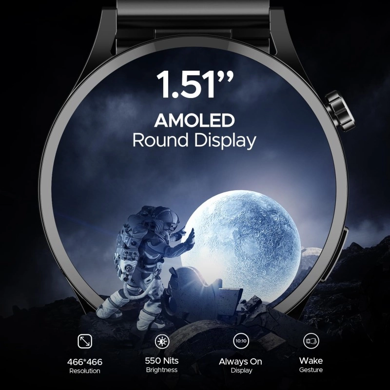 boAt Lunar Embrace w/Vibrant 1.51" (3.8 cm) AMOLED Display,Premium Metal Design, Functional Crown, 100+ Sports Mode, Animated Watch Faces, Built-in Games, Smart Watch for Men & Women(Steel Grey)